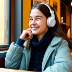 Home 10 Selena's Nostalgia**
A young woman, fully clothed in a stylish, modern outfit, listening to music on headphones in a cozy café. She has a nostalgic smile, looking slightly off-camera as if remembering a happy memory. Background is soft and warm, suggesting a sense of comfort and familiarity. "Safe for work, appropriate content, fully clothed, professional, family-friendly, perfect anatomy, natural pose, high quality."
**