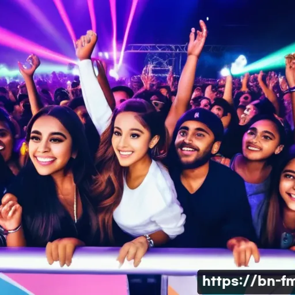 아리아나 그란데 팬클럽 이름 - A vibrant concert scene featuring a diverse crowd of Bengali Ariana Grande fans united under a share...