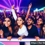 아리아나 그란데 팬클럽 이름 - A vibrant concert scene featuring a diverse crowd of Bengali Ariana Grande fans united under a share...