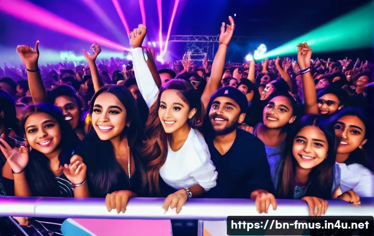 아리아나 그란데 팬클럽 이름 - A vibrant concert scene featuring a diverse crowd of Bengali Ariana Grande fans united under a share...